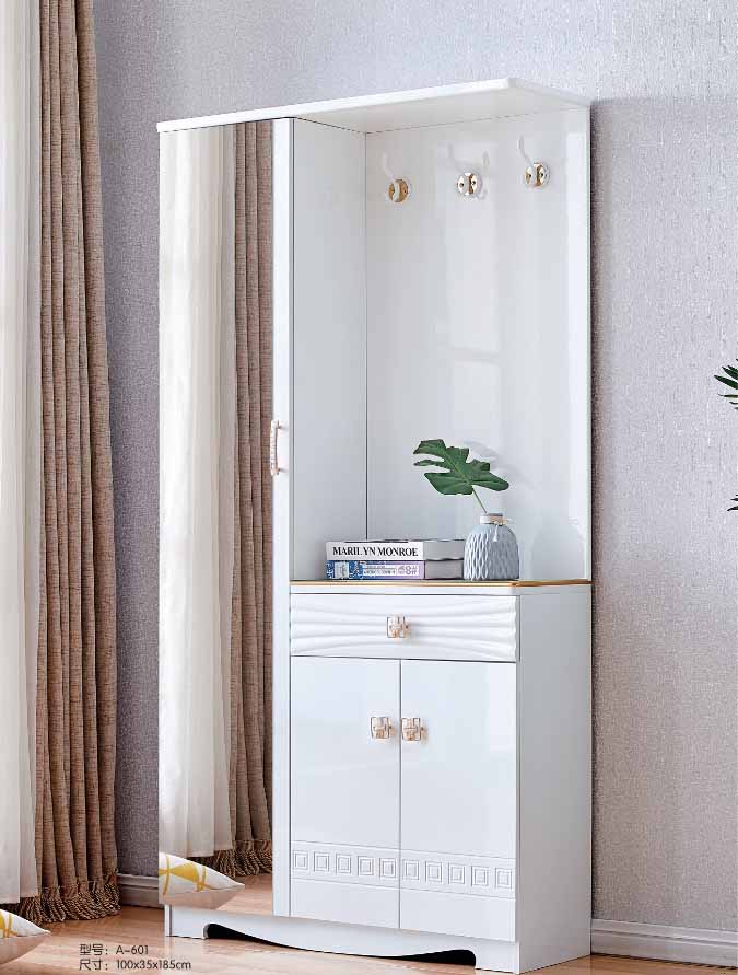 hallway storage table with cloth hanger and mirror